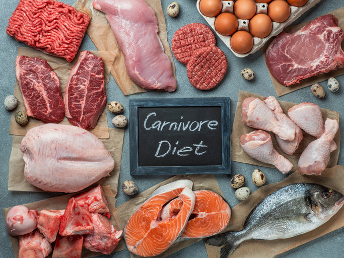 Variety of raw meats including chicken, salmon, beef, and eggs for a carnivore diet