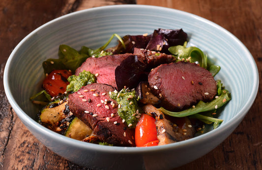 Paleo diet meal plan with grass-fed steak, sweet potato, and avocado