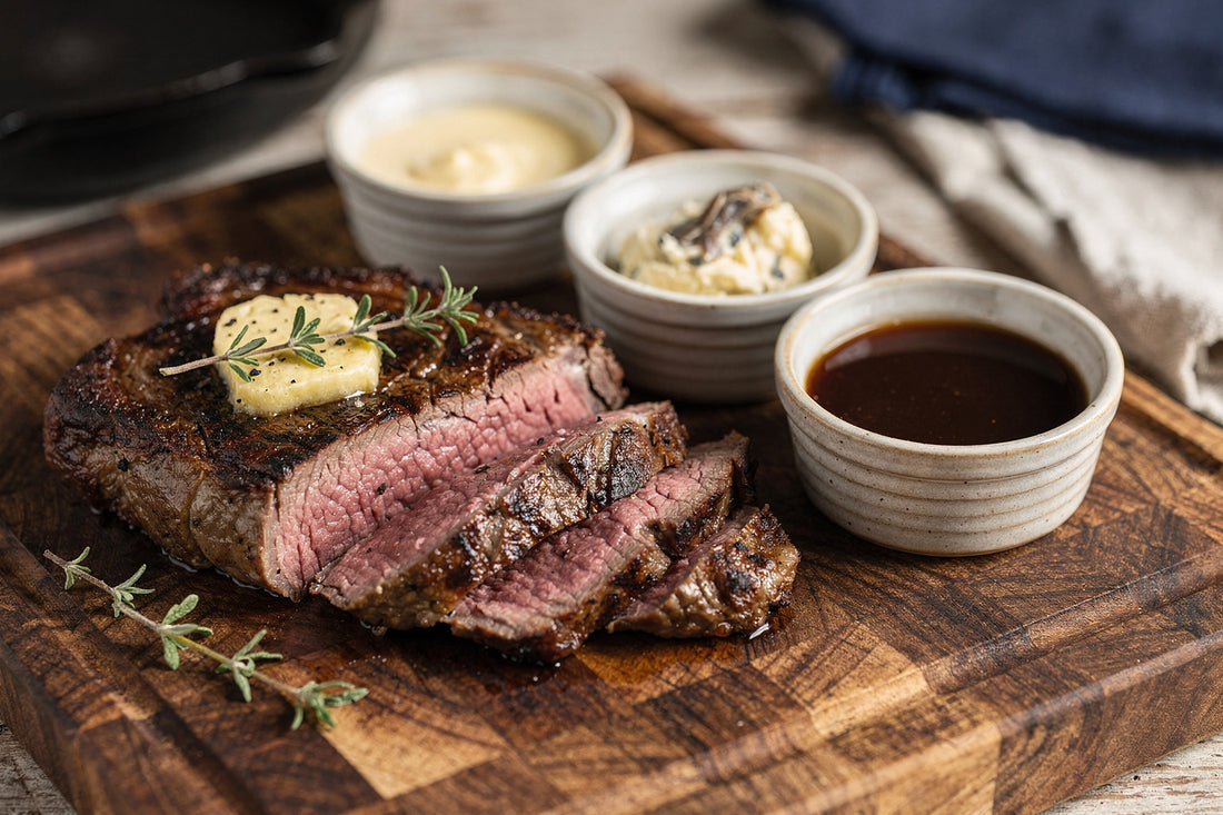 Sliced grass-fed beef steak on a wood board with small bowls of homemade tallow mayonnaise, anchovy butter, and pan sauce
