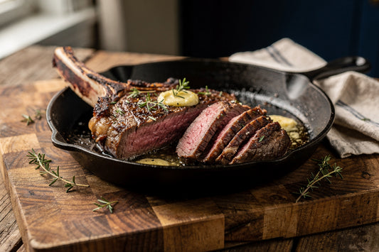 Bone-in grass-fed cowboy ribeye seared in a cast iron skillet, sliced medium rare with butter and thyme