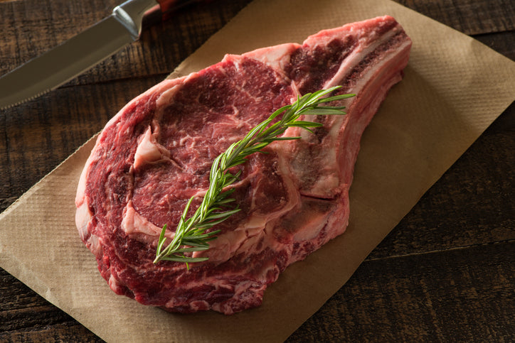 Texas grass-fed beef bone-in ribeye steak from regenerative ranch